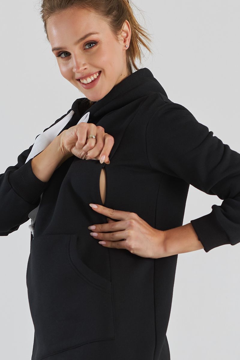 Сукня-худі для вагітних та годуючих на флісі чорна
