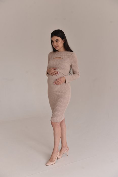 Женское платье для беременных и кормящих из трикотажа, Бежевый, S