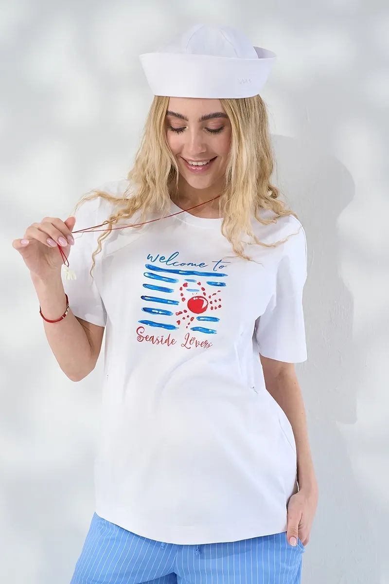 Футболка для беременных и кормящих Seaside белая с принтом