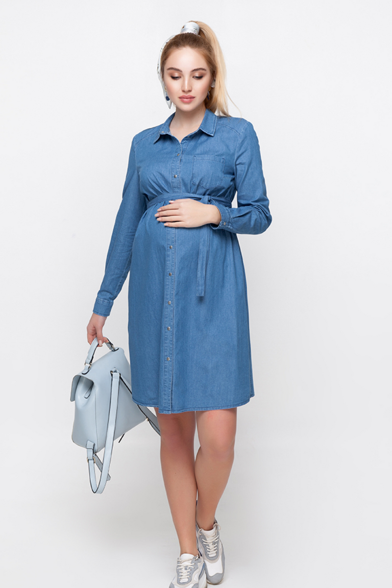 Платье-рубашка для беременных и кормящих голубая