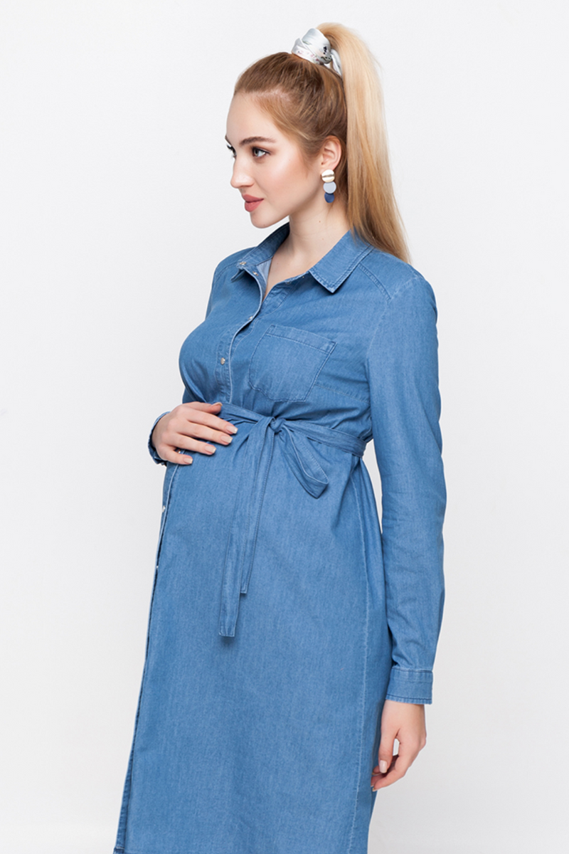 Платье-рубашка для беременных и кормящих голубая