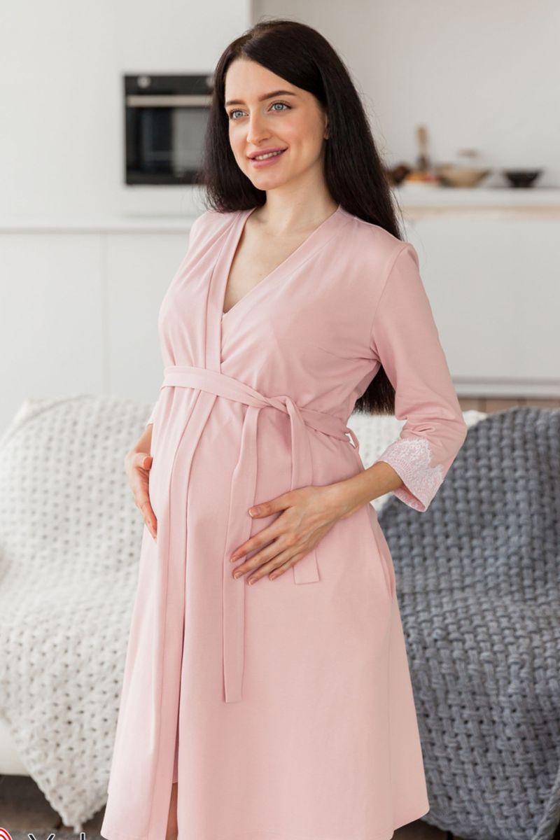 Комплект из ночной рубашки и халата для беременых и кормящих розовый