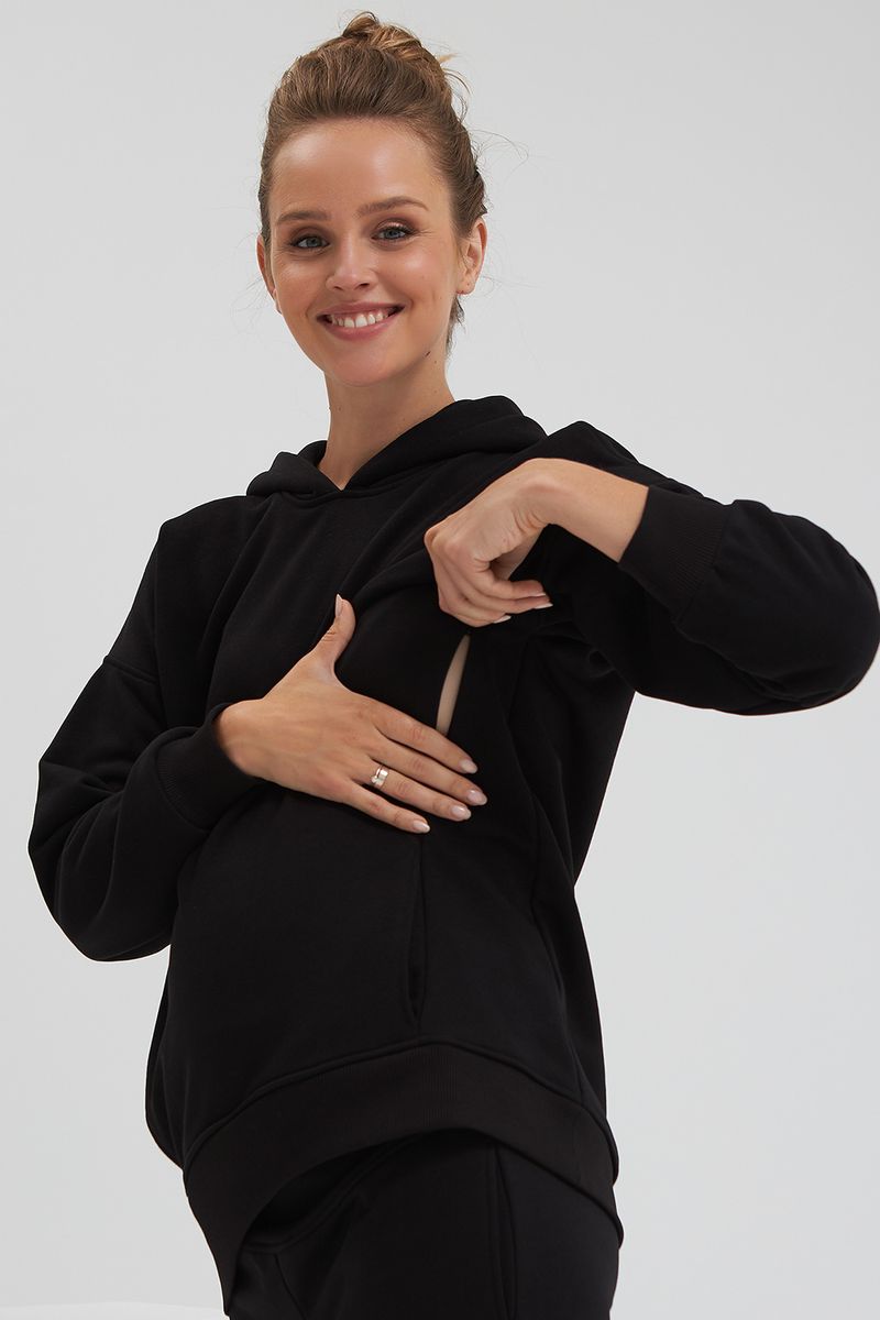 Костюм спортивный с капюшоном для беременных и кормящих мам черный